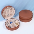 Portable round brown leather jewelry organizer with zipper and multi-layer storage - 10x5cm / Brown