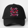 Schwarze Baumwoll-Baseballkappe mit 'love like Jesus' Text und roten Herz-Motiven - Schwarz