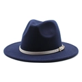 Detail of navy blue wool fedora hat featuring a light grey leather band and gold buckle - Navy Blue