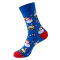 Blue Christmas socks featuring snowman and tree patterns with red heel and toe accents - One Size / 407-Blue Snowman Xmas Tree