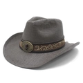 Macro detail of dark brown woven cowboy hat with gold vine embroidery and gemstone buckle - M (56-58cm) / Black and Gray