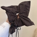 Brown plaid bow scrunchie with black ribbon detail for preppy style hairstyles - Coffee Plaid Square Scarf Style