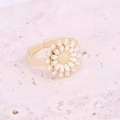Detailed macro view of a 3D daisy ring with white enamel petals and adjustable gold band - White Daisy Style (4#) / Adjustable Open