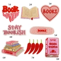 Detailed view of 8 embroidered book lover patches with vibrant textures and slogans - 8-Piece Bookworm Set