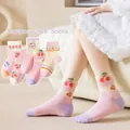 Set of 5 pairs of girl's cotton crew socks with pink cherry and bear cartoon patterns - S (12-15cm) Approx 1-3 Years / MN2316 Little Cherry