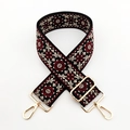 Macro view of floral embroidery and golden metal lobster clasps on 5cm woven bag strap - Silver Clasp / Black Beige Wine Red Floral