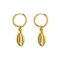 Polished gold stainless steel hoop earrings with detailed cowrie shell charms - Hoop Shell Charm Earrings (E282-GO)