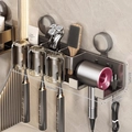 Wall-mounted suction toothbrush holder and hairdryer rack in dark grey finish - 3-Person · Solid Color Cup