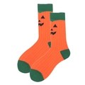 Orange Halloween crew socks with jack-o'-lantern pattern and green color-block accents - 38-46 / Orange Green Pumpkin Face