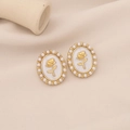 French vintage oval pearl earrings with gold 3D rose and white marble center - White
