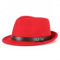 Classic red wool felt jazz fedora with brown leather belt and metallic M buckle detail - 56-58CM(M) / Red-Coffee Belt