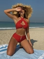 Two-piece red bikini with halter cross-top, gold chain accents, and high-waist bottom - S / Red