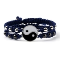 Detailed view of woven blue bracelets with Yin Yang charms and metallic beads - Tai Chi Navy Blue Pair