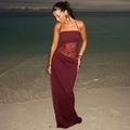 Close-up of wine red halter dress featuring elegant lace patchwork and waist cut-out details - S / Burgundy