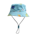 Détail d'un chapeau de soleil bleu clair avec dinosaures et mentonnière réglable pour enfant - Style Imprimé Dinosaure Bleu Clair (#12)