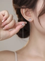 Elegant silver flower drop earrings with long chain tassels and sparkling zircons - NE1416-Six Petal Flower Long Threader