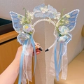 Light blue butterfly hairband with lace flowers, imitation pearls and long ribbon tassels - Butterfly Design / Blue