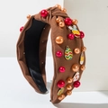 Detail of Easter headband featuring beaded pearls, rabbit charms, and brown knit texture - Pearl Light Coffee