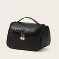 Midnight black cosmetic bag with woven pattern and double gold zippers in PU leather - Curved Bag / Midnight Black