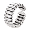 Vintage silver croissant style open ring with textured wave pattern for women - Antique Silver Vertical Stripes Retro (6396)