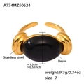 Golden stainless steel ring with black oval resin, size 7, fashion jewelry for women - Size 7 (Opening) / Gold Black (A774)