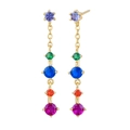 Colorful zircon fringe earrings with S925 silver needles in a luxury multi-gem drop style - Gold - Gradient Multi-color Gem