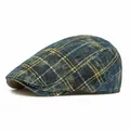 British style beret in blue, grey, and yellow plaid pattern with washed cotton texture - Adjustable / Navy Blue Yellow Plaid