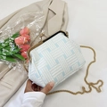 Detail of blue and white woven shell bag with gold chain and vintage metal clasp closure - Horizontal Style / Blue