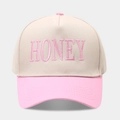 Casquette trucker bicolore beige et rose avec broderie HONEY sur le panneau avant - Réglable / Rose Riz