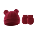 Infant newborn baby hat with bear ears and scratch mittens set in deep wine red color - Hat And Gloves / Burgundy
