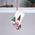Detail of burlap Christmas stocking featuring 3D snowman, tree and red hanging loop - E4-2 Medium Burlap Fence Snowman Stocking