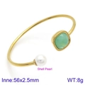 Gold-tone open stainless steel cuff bracelet with white pearl and green square gemstone - Gold Green Gemstone Style (KB123017-K)
