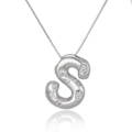 Detailed view of silver letter S pendant with micro-inlaid zircons and venetian chain - S
