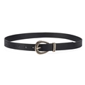 Women's black leather belt featuring a golden oval buckle with vintage dotted texture - Black