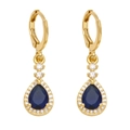 Golden teardrop earrings with blue gemstones and zircons on a white background - Blue