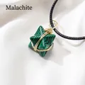 Handcrafted malachite Merkaba star pendant with gold wire wrapping on black cord necklace - Malachite
