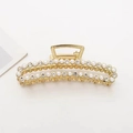 Elegant gold metal hair claw clip with faux pearls and rhinestones in a hollow curved design - Hollow Arc Style (F-012)