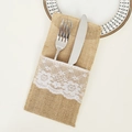 Rustic burlap cutlery holder with white lace trim for festive table settings - Basic Lace Burlap Style