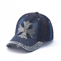 Dark blue denim baseball cap featuring silver rhinestone cross and studded brim accents - M (56-58cm) / Dark Blue Cross