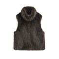 Women's faux fur high collar vest in dark brown, sleeveless winter waistcoat on white background - Black