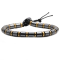 Mens beaded hematite bracelet with gray and gold beads and adjustable black drawstring - Golden and Gray-Black Beaded Style (Golden B)