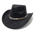 Détail d'un chapeau de cowboy noir en daim avec ruban à motif serpent, plume et turquoise - M (56-58cm) / Noir