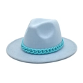 Close-up of light blue wool fedora hat featuring a chunky neon green chain accessory - M (56-58cm) / Light Blue with Bright Green Chain