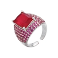 Detail view of adjustable ring featuring a large red square zircon and pink micro-pavé - Silver Base Red Zirconia