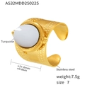 Golden stainless steel wide band ring with a white oval gemstone and dot texture - US 7 / White Shell Gold Textured Open Ring (A532)