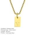 Minimalist stainless steel square pendant necklace with V letter engraving in 14K gold - Letter V / Gold