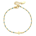 Gold stainless steel cross bracelet with turquoise beads and adjustable lobster clasp - Lake Blue