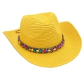 Bright yellow straw cowboy hat featuring a colorful beaded band and wide curved brim - Yellow