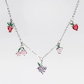 Silver necklace with colorful zircon fruit charms including strawberry, cherry, and grape - Silver Mixed Fruit Necklace