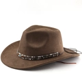 Dettaglio del cappello jazz marrone con fascia etnica intrecciata e nappa su feltro di qualità - M (56-58cm) / caffè
